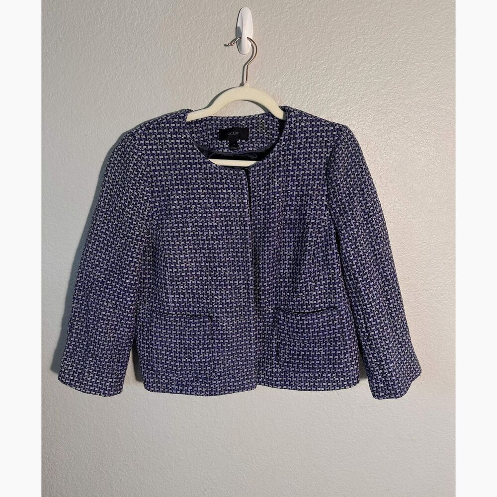 JCrew Purple Silk Tweed Lady Jacket Blazer Silver Metallic Tinsel S 12 Cropped